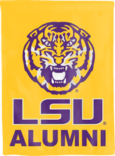 Load image into Gallery viewer, gold lsu alumni double sided house flag for college dorm decor
