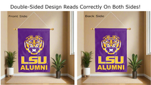 Load image into Gallery viewer, gold lsu alumni logo reading correctly on both sides of purple double sided house flag