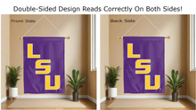 Load image into Gallery viewer, gold lsu logo reading correctly on both sides of purple double sided house flag