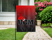 Load image into Gallery viewer, gradient double sided garden flag with ucm logo hung for yard decor