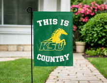 Load image into Gallery viewer, green double sided garden flag with this is ksu thorobreds country logo for yard decor