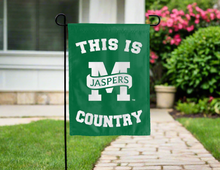 Load image into Gallery viewer, green double sided garden flag with this is manhattan jaspers country logo for yard decor