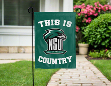 Load image into Gallery viewer, green double sided garden flag with this is nsu riverhawks country logo for yard decor