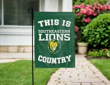 Load image into Gallery viewer, green double sided garden flag with this is southeastern lions country logo for yard decor