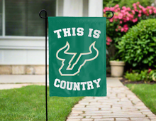 Load image into Gallery viewer, green garden flag with this is usf bulls country logo for yard decor