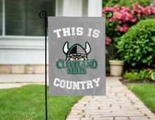 Load image into Gallery viewer, grey double sided garden flag with this is cleveland state country logo for yard decor