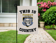 Load image into Gallery viewer, grey double sided garden flag with this is purdue fort wayne country logo for yard decor