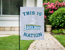 Load image into Gallery viewer, grey double sided garden flag with this is texas A&M university kingsville javelinas nation logo for yard decor