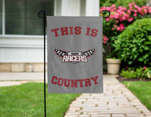 Load image into Gallery viewer, grey double sided garden flag with this is unoh racers country logo for yard decor