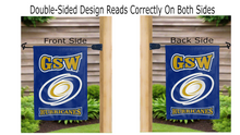Load image into Gallery viewer, gsw hurricanes logo reading correctly on both sides of blue double sided garden flag