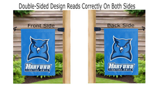 Load image into Gallery viewer, harford fighting owls logo reading correctly on both sides of blue double sided garden flag