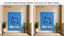 Load image into Gallery viewer, harford fighting owls logo reading correctly on both sides of blue double sided house flag