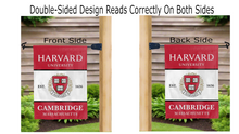 Load image into Gallery viewer, harvard unviersity cambridge massachusetts logo reading correctly on both sides of red and white garden flag