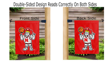 Load image into Gallery viewer, herbie husker basketball logo reading correctly on both sides of red double sided garden flag