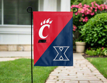 Load image into Gallery viewer, house divided garden flag with cincinnati xavier rivalry logos for yard decor