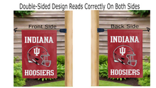 Load image into Gallery viewer, indiana hoosiers football logo reading correctly on both sides of red double sided garden flag