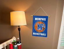 Load image into Gallery viewer, memphis basketball garden flag hung on a banner pole inside a college dorm