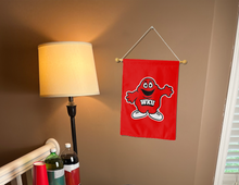 Load image into Gallery viewer, red wku garden flag with big red logo hung inside for college dorm decor