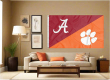 Load image into Gallery viewer, indoor display of alabama clemson game day house divided flag for man cave decor