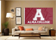 Load image into Gallery viewer, indoor display of red alma college flag for man cave decor