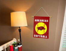 Load image into Gallery viewer, arkansas softball garden flag hung inside a college dorm for dorm decor