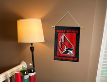 Load image into Gallery viewer, ball state cardinals garden flag hung inside a room for college dorm decor
