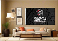 Load image into Gallery viewer, indoor display of black belmont abbey college crusaders flag for man cave decor