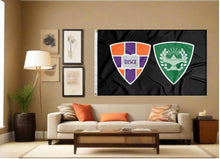 Load image into Gallery viewer, indoor display of black hobart and william smith colleges flag with shields logo for man cave decor