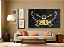 Load image into Gallery viewer, indoor display of black kennesaw state owls flag for man cave decor
