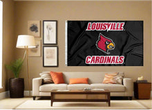 Load image into Gallery viewer, indoor display of black louisville cardinals flag for man cave decor