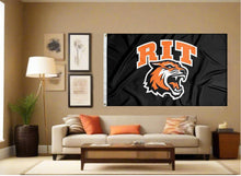 Load image into Gallery viewer, indoor display of black rochester institute of technology flag with rit logo for man cave decor