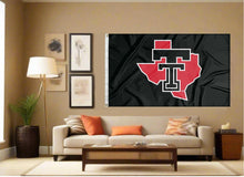 Load image into Gallery viewer, indoor display of black texas tech university flag with texas border logo for man cave decor
