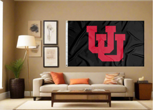 Load image into Gallery viewer, indoor display of black university of utah flag with interlock uu logo for man cave decor