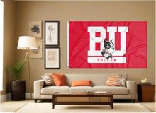 Load image into Gallery viewer, indoor display of red boston university terriers soccer flag for man cave decor