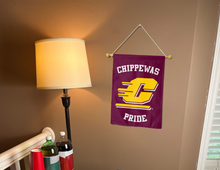 Load image into Gallery viewer, central michigan chippewas pride garden flag hung inside college dorm