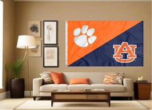 Load image into Gallery viewer, indoor display of clemson auburn game day house divided flag for man cave decor