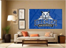 Load image into Gallery viewer, indoor display of blue daemen university flag for man cave decor