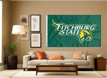 Load image into Gallery viewer, indoor display of green fitchburg state university falcons flag for tailgate decor