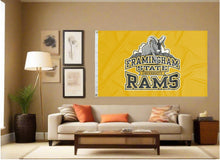 Load image into Gallery viewer, indoor display of gold framingham state university rams flag for man cave decor
