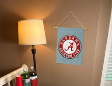 Load image into Gallery viewer, front side of alabama Crimson Tide Seal garden flag hung inside a college dorm for dorm decor