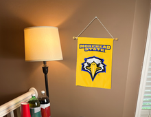 Load image into Gallery viewer, front side of morehead state university garden flag hung inside a college dorm for decor