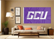 Load image into Gallery viewer, indoor display of purple gcu lopers flag for man cave decor