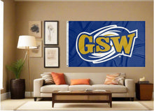 Load image into Gallery viewer, indoor display of blue georgia southwestern state university hurricanes flag for man cave decor