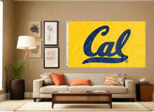 Load image into Gallery viewer, indoor display of gold university of california berkeley flag for man cave decor