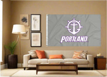 Load image into Gallery viewer, indoor display of gray university of portland pilots flag for man cave decor