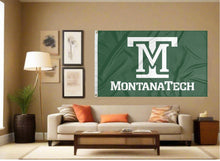 Load image into Gallery viewer, indoor display of green montana tech flag for fan cave decor