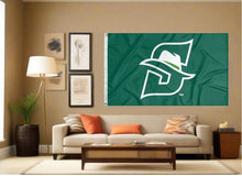 Load image into Gallery viewer, indoor display of green stetson university flag for man cave decor