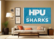 Load image into Gallery viewer, indoor display of blue hawaii pacific university flag with hpu sharks logo for man cave decor