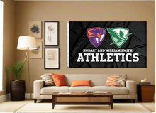 Load image into Gallery viewer, indoor display of black hobart and william smith athletics flag for man cave decor
