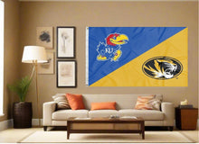Load image into Gallery viewer, indoor display of house divided flag with kansas missouri logos for man cave decor
